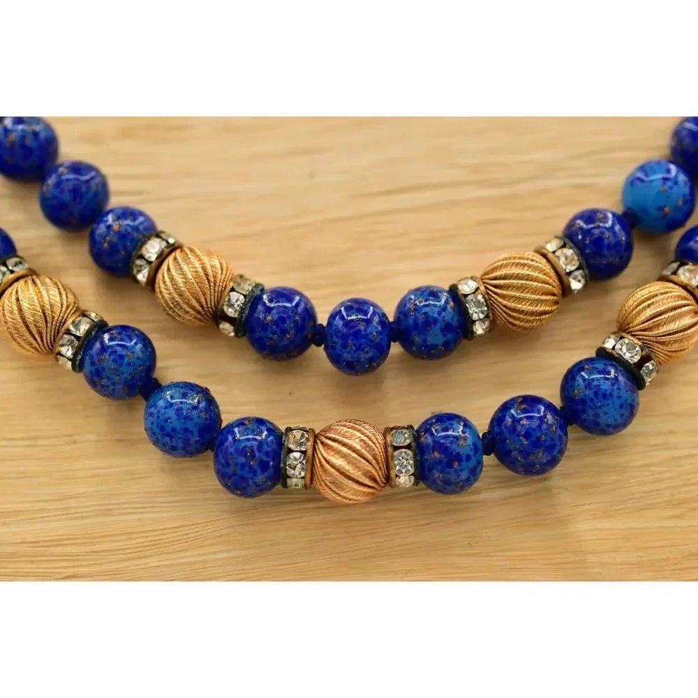 Vintage Lapis Lazuli Collar Beaded Necklace Layered Gold Tone Crystal 70s BinBD